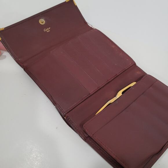 Cartier Vintage Wallet Trifold Leather Bordeaux Red Medium Retro Kisslock Fair - Picture 3 of 11